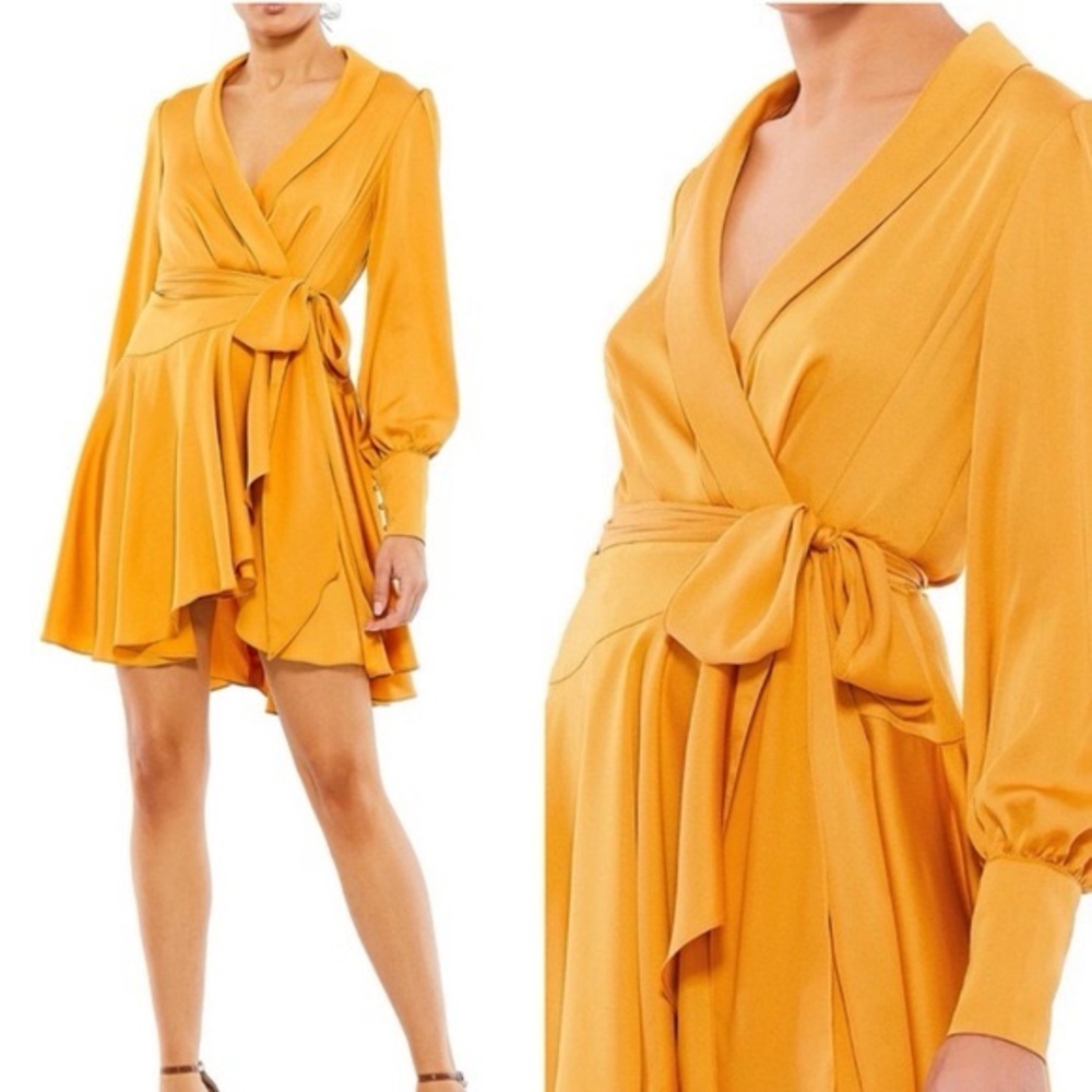 Mac Duggal V Neck Long Sleeve Marigold Satin Wrap Mini Dress